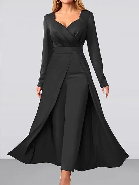 Elegant V-Neck Women's Jumpsuit with Wide Leg and Long Sleeves