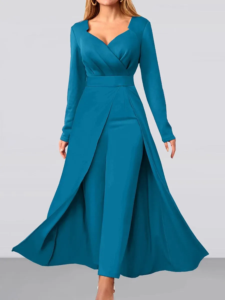 Elegant V-Neck Women's Jumpsuit with Wide Leg and Long Sleeves