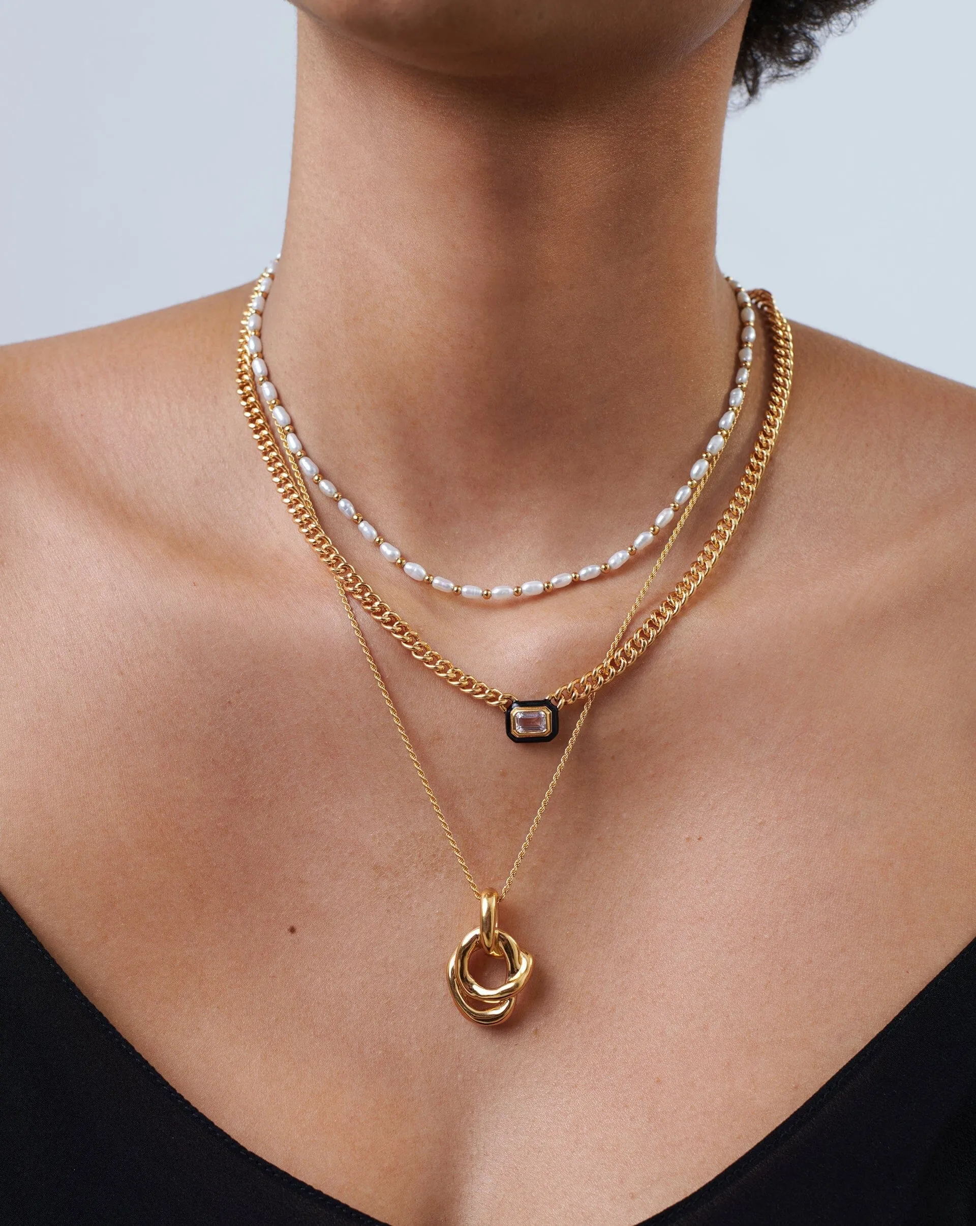 Enamel & Stone Floating Pendant Chain Necklace | 18ct Gold Plated/Crystal Quartz