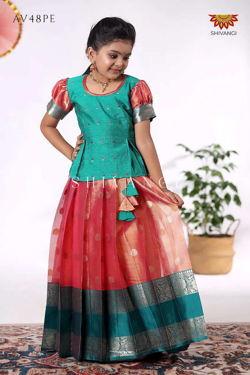 Festive Collection - Peach Tissue Jega Pattu Pavadai For Kids