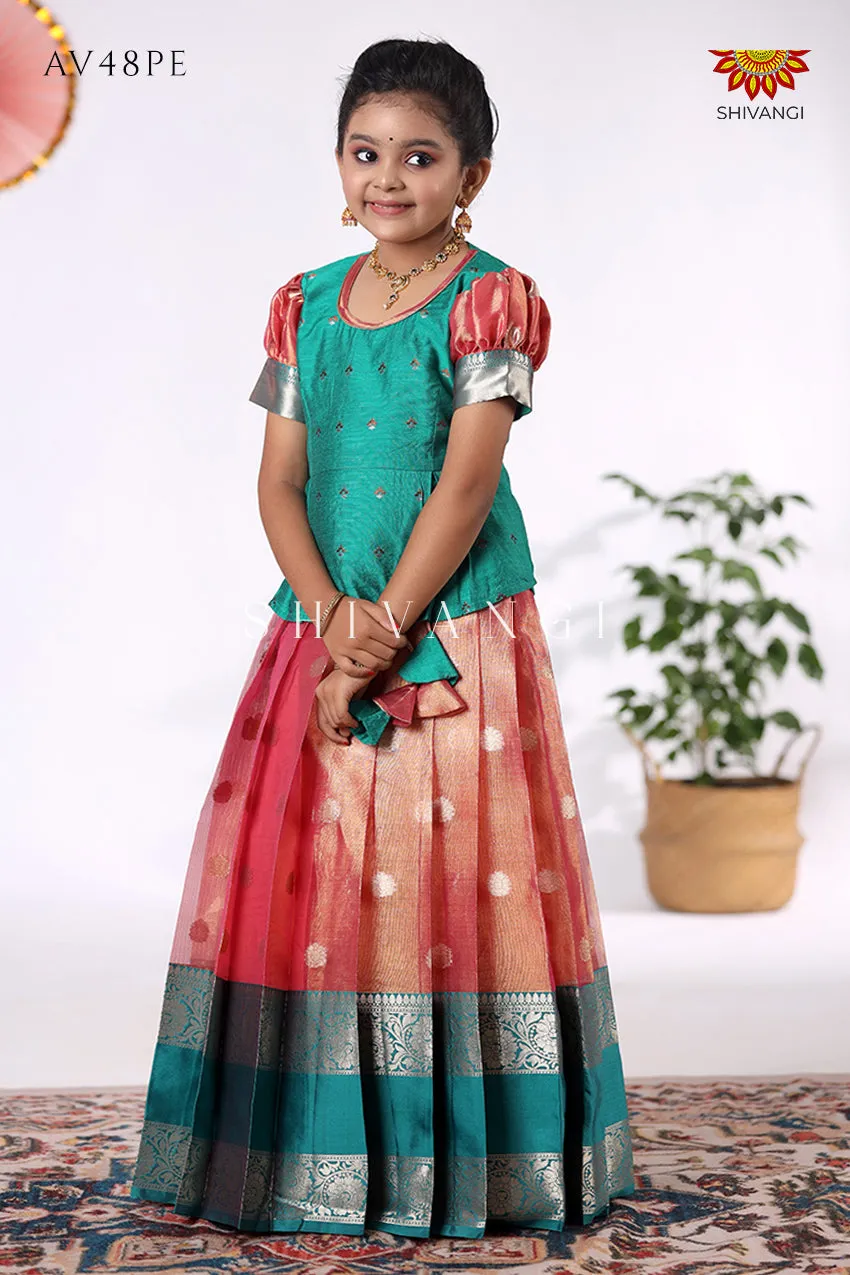 Festive Collection - Peach Tissue Jega Pattu Pavadai For Kids