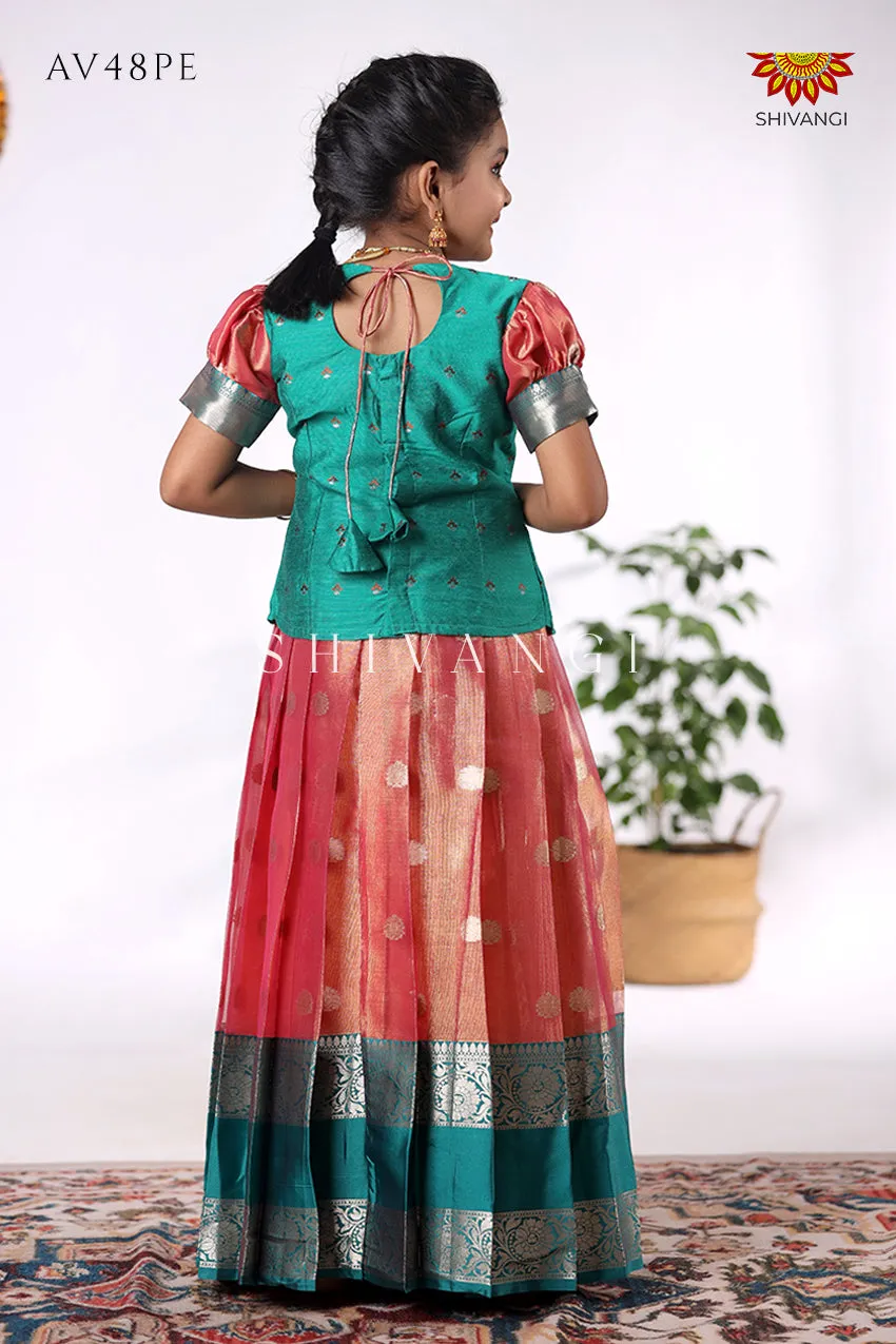 Festive Collection - Peach Tissue Jega Pattu Pavadai For Kids