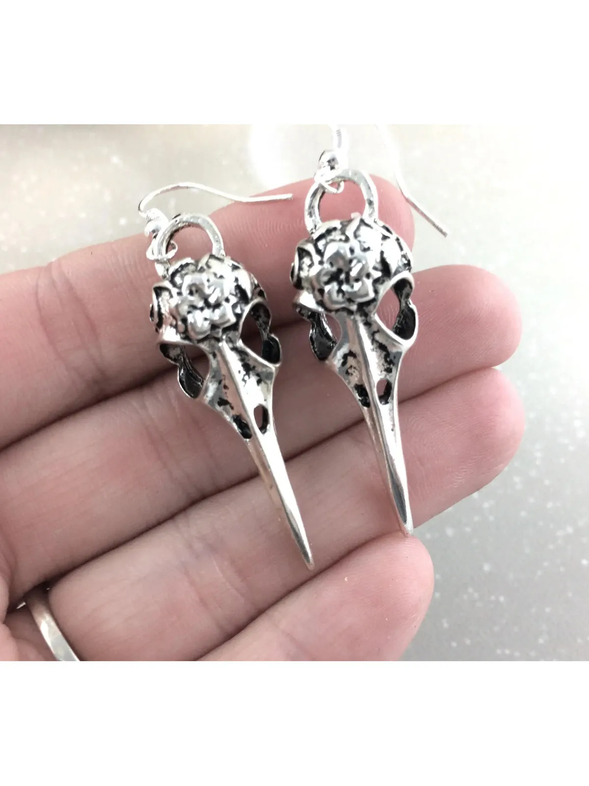 Floral Raven Skull Dangles