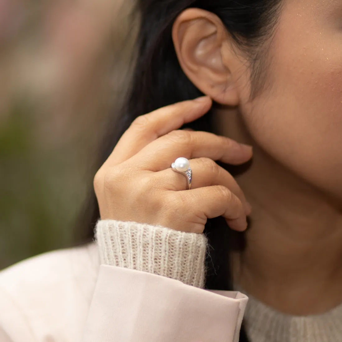 Freshwater Cultured 8.5mm White Pearl Ring Sterling Silver Round Shape Size 9