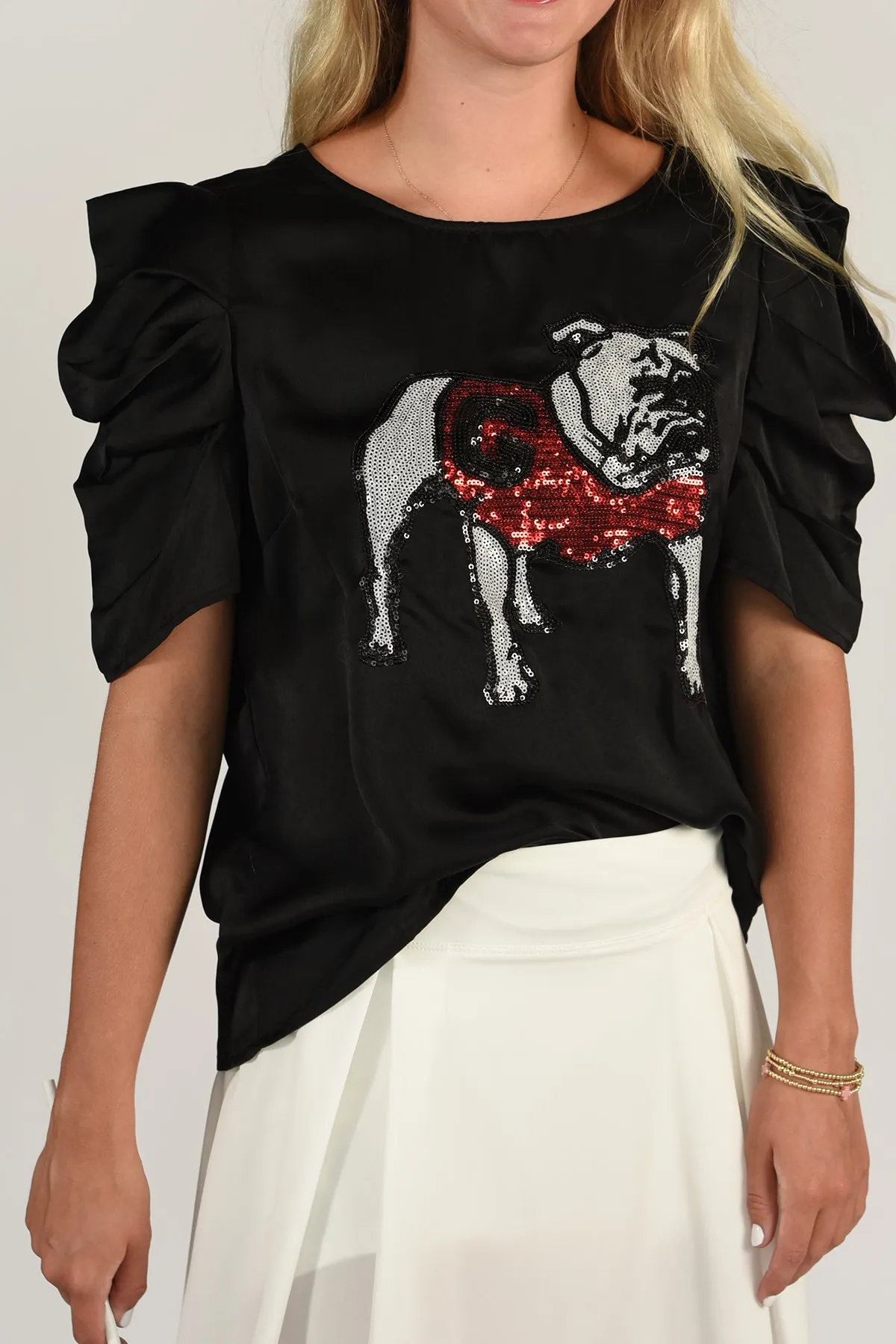 GEORGIA BULLDOG SEQUIN PUFF SLEEVE TOP