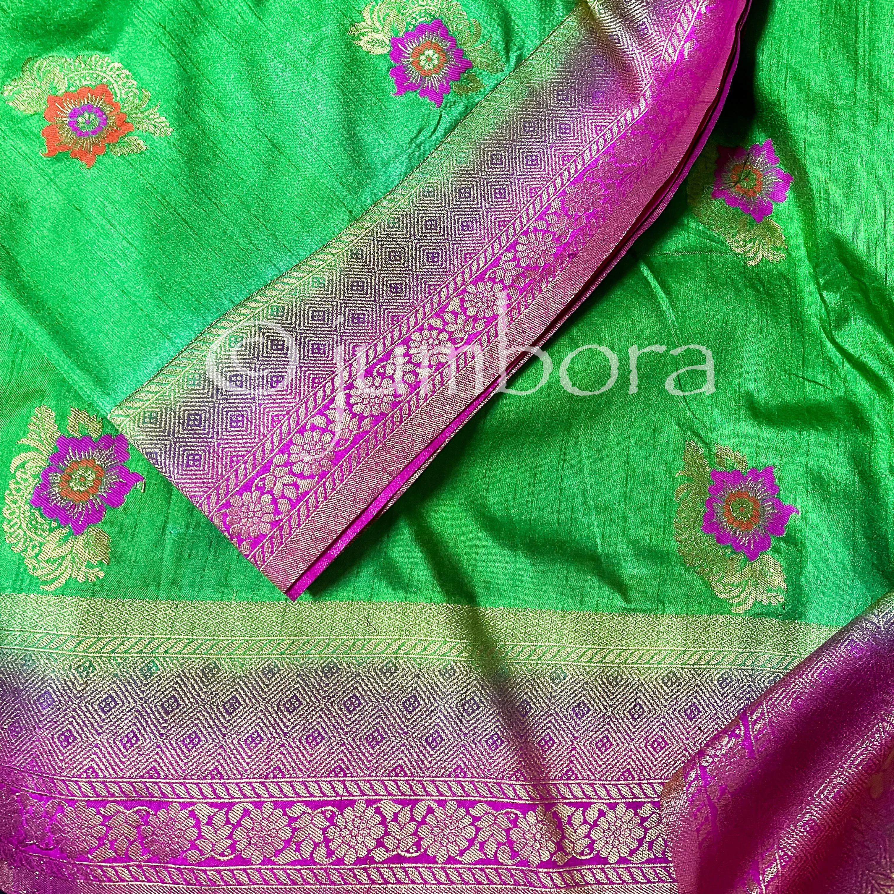 Green Semi Banarasi Jute Silk Saree with Stitched Blouse