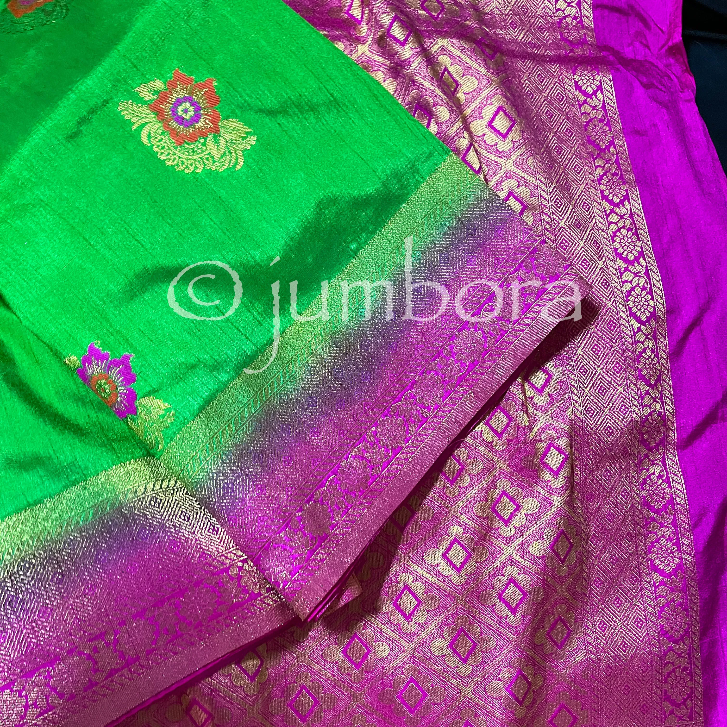 Green Semi Banarasi Jute Silk Saree with Stitched Blouse