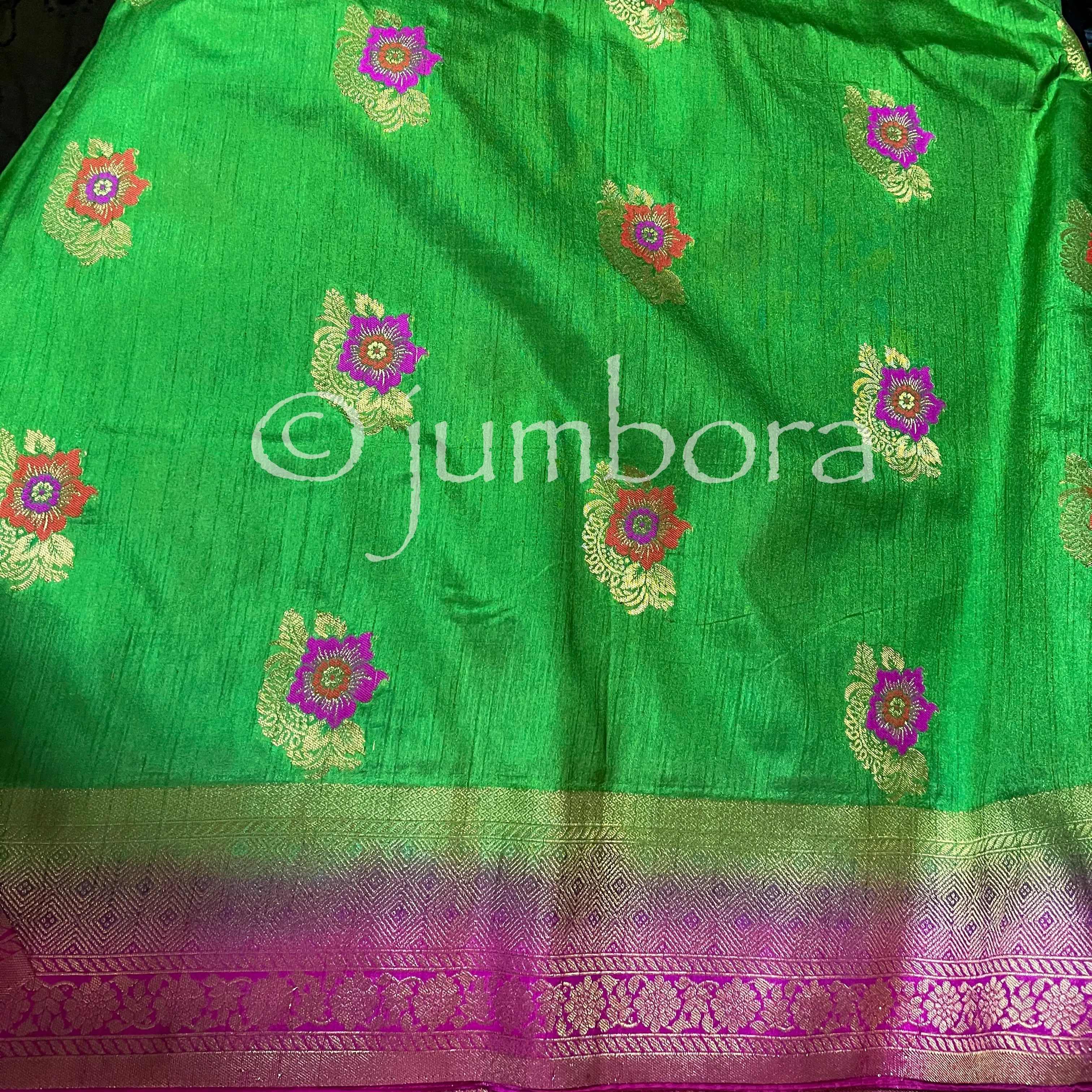 Green Semi Banarasi Jute Silk Saree with Stitched Blouse