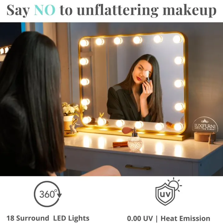 Hollywood Vanity Mirror with Lights Large Glass Makeup Mirror with Lights for Desk 18 High CRI LED Light Mirror