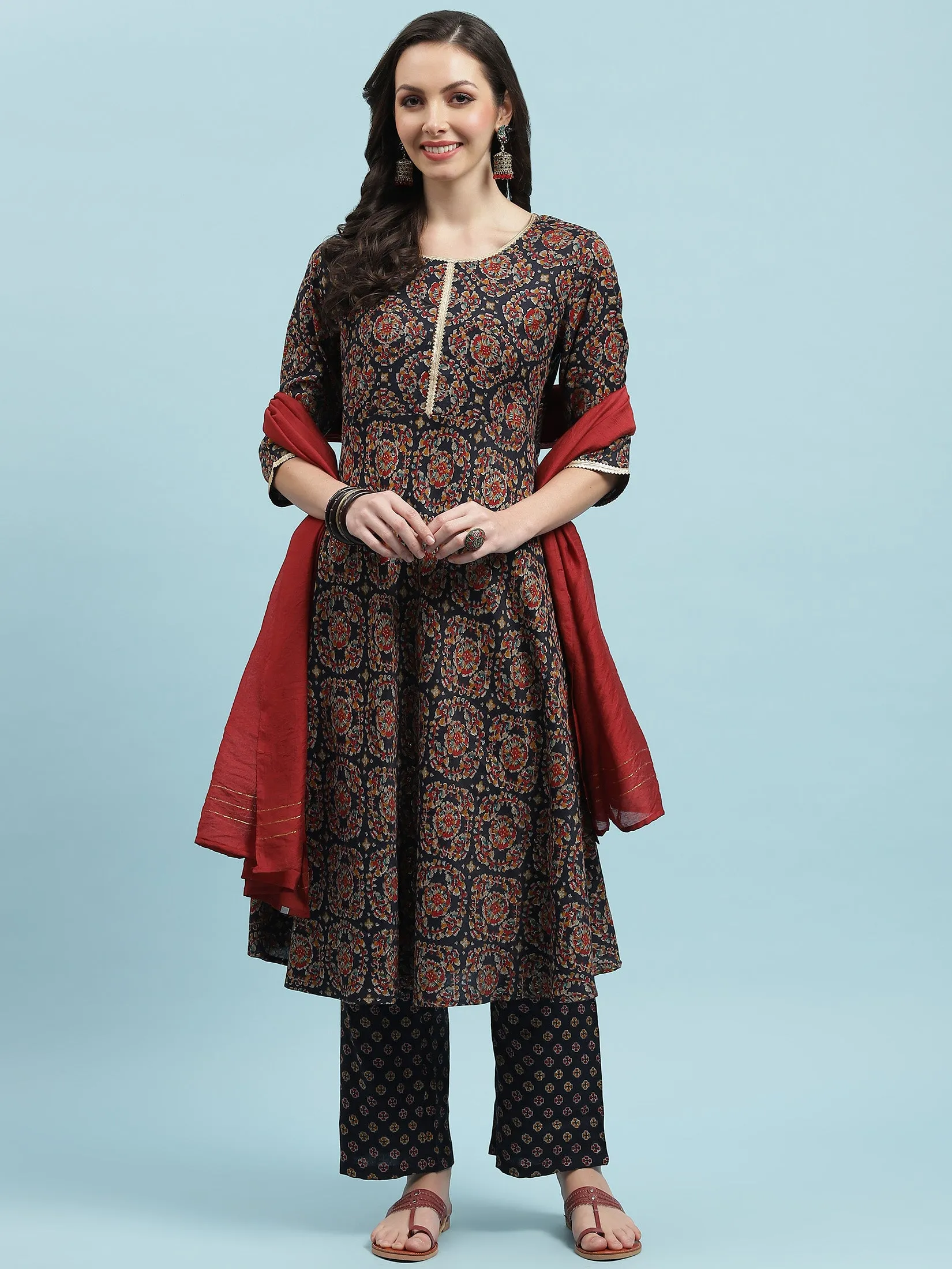 Indiessence Blue Floral Printed Kurta Comfort Pant With Dupatta