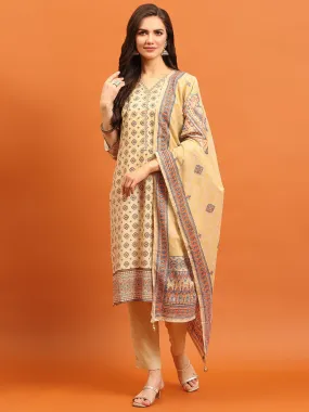 Indiessence Women Beige Ornamental Printed Kurta Trouser Dupatta