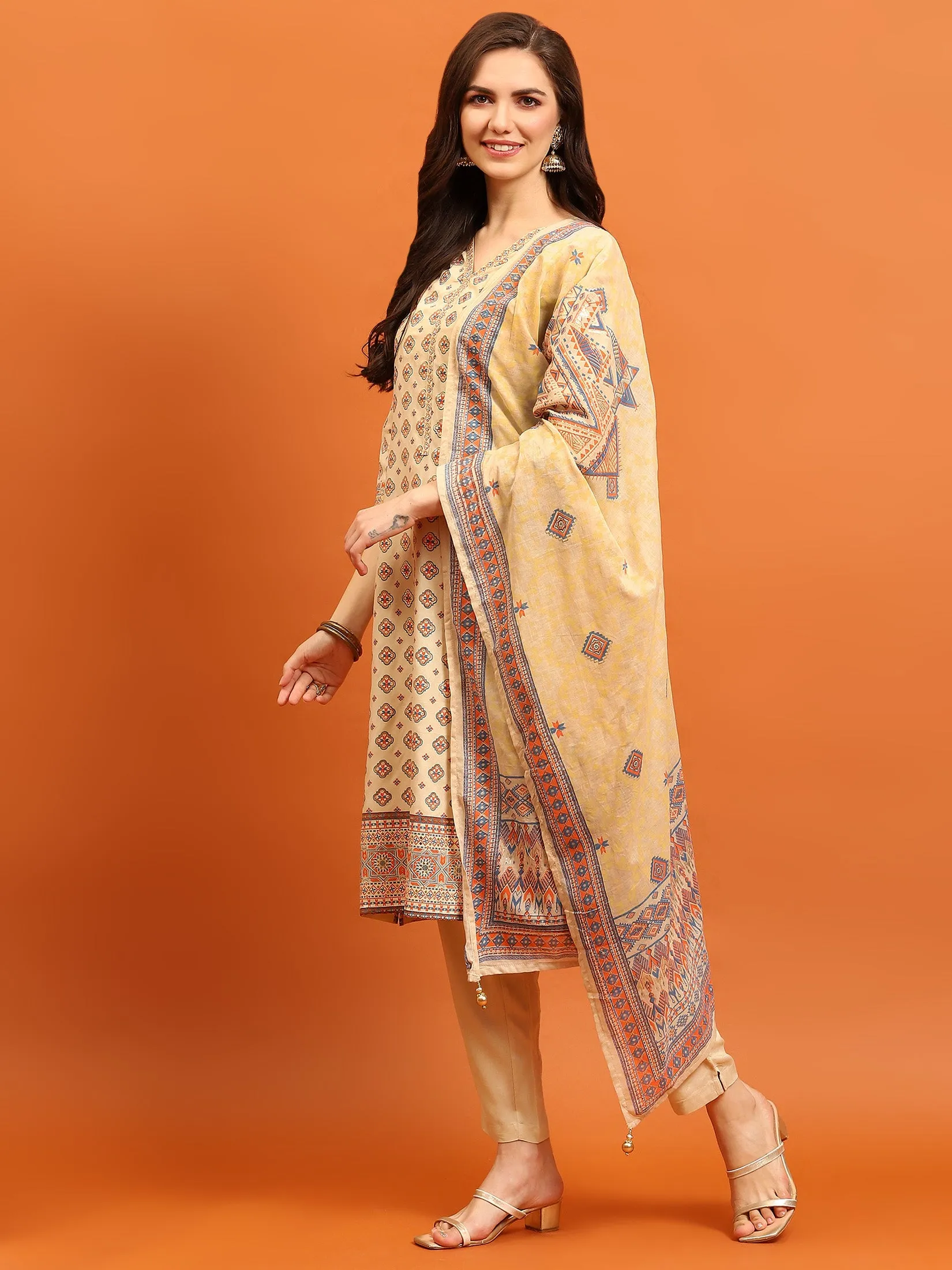 Indiessence Women Beige Ornamental Printed Kurta Trouser Dupatta