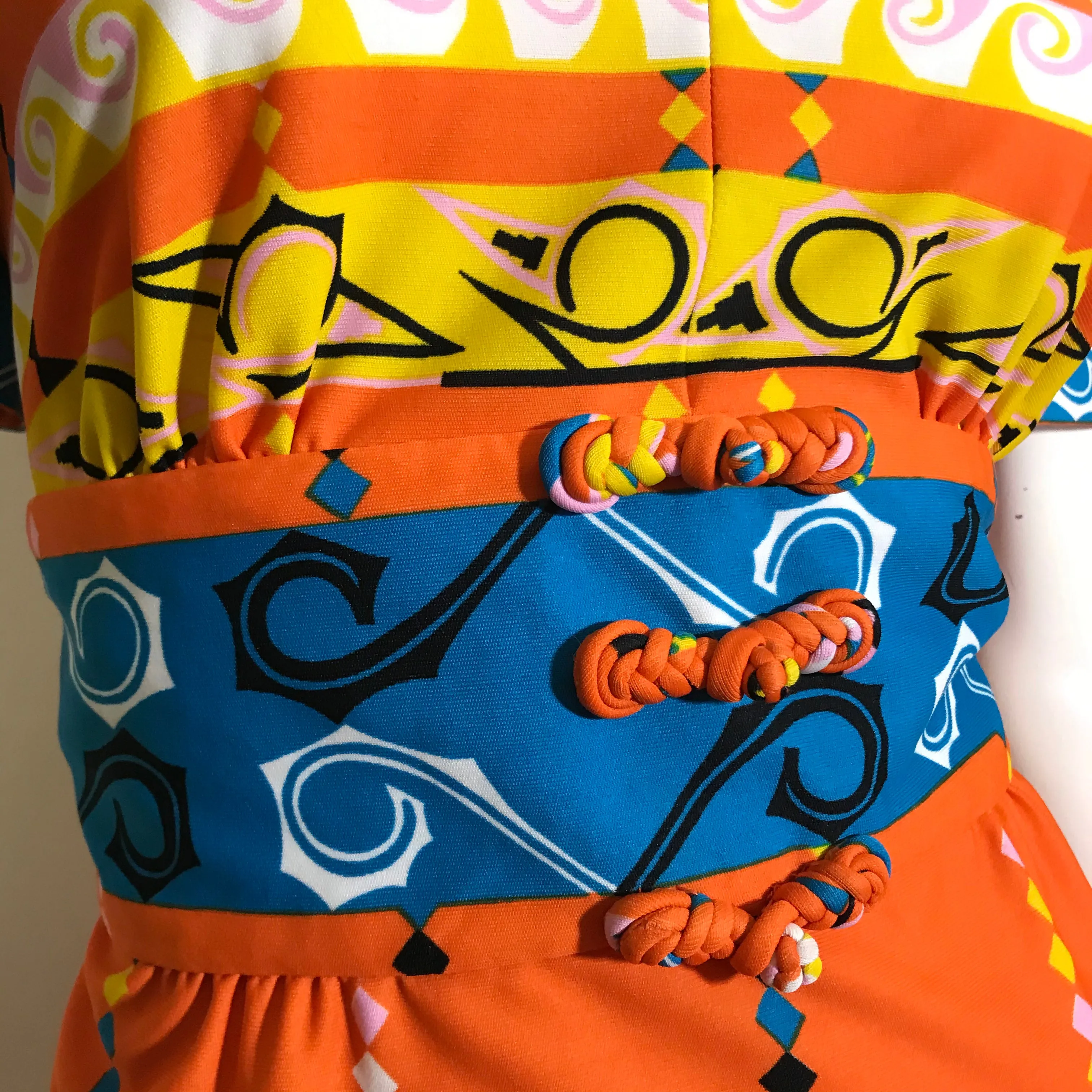 Japanese Graphics Blue and Orange Dress with Frog Knot Details circa 1970s