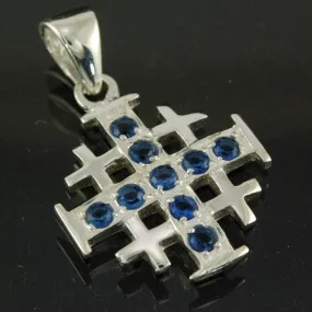 Jerusalem Cross Silver Pendant with Blue Gemstones   925 Silver Necklace