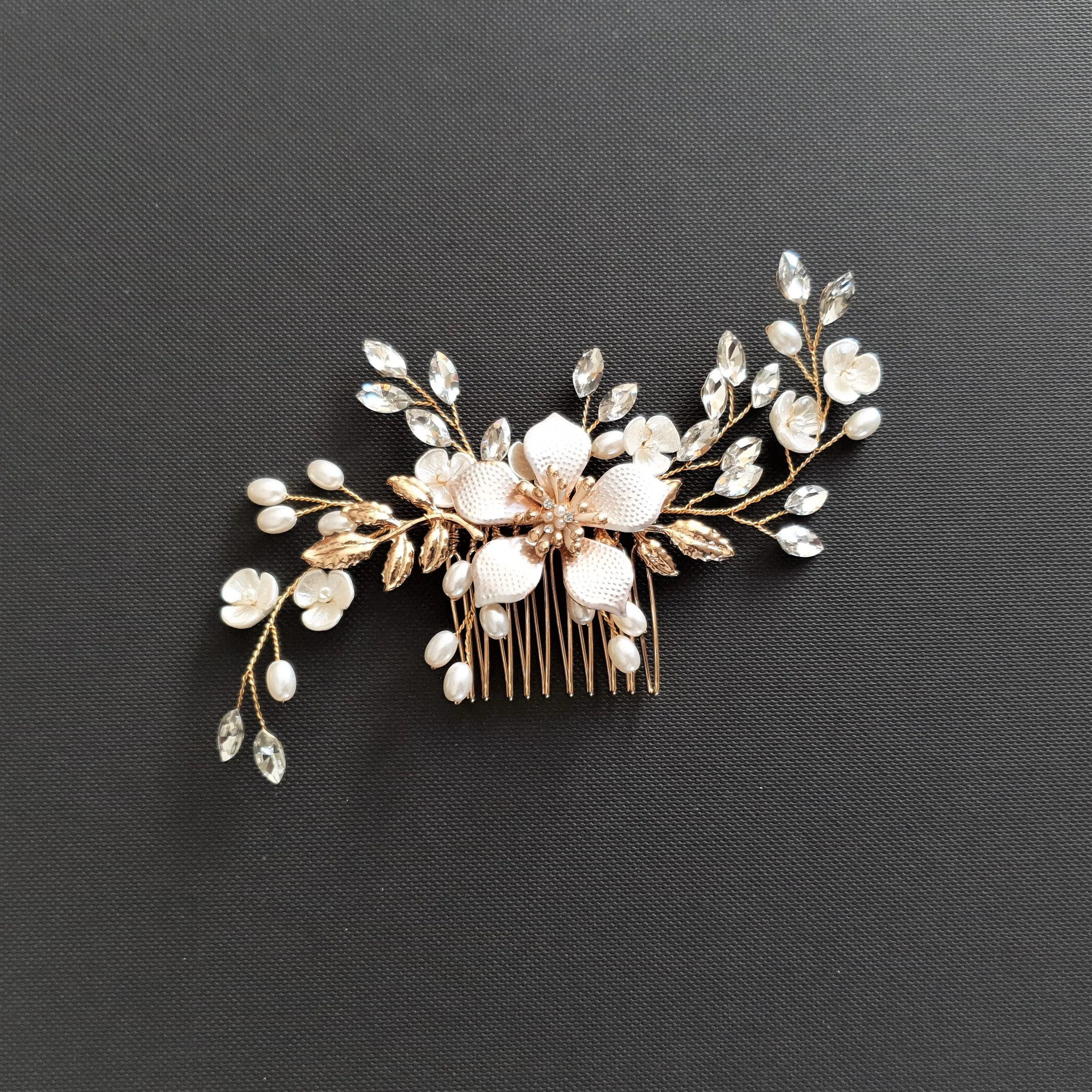 Jeweled Gold Hair Comb for Weddings -Freya