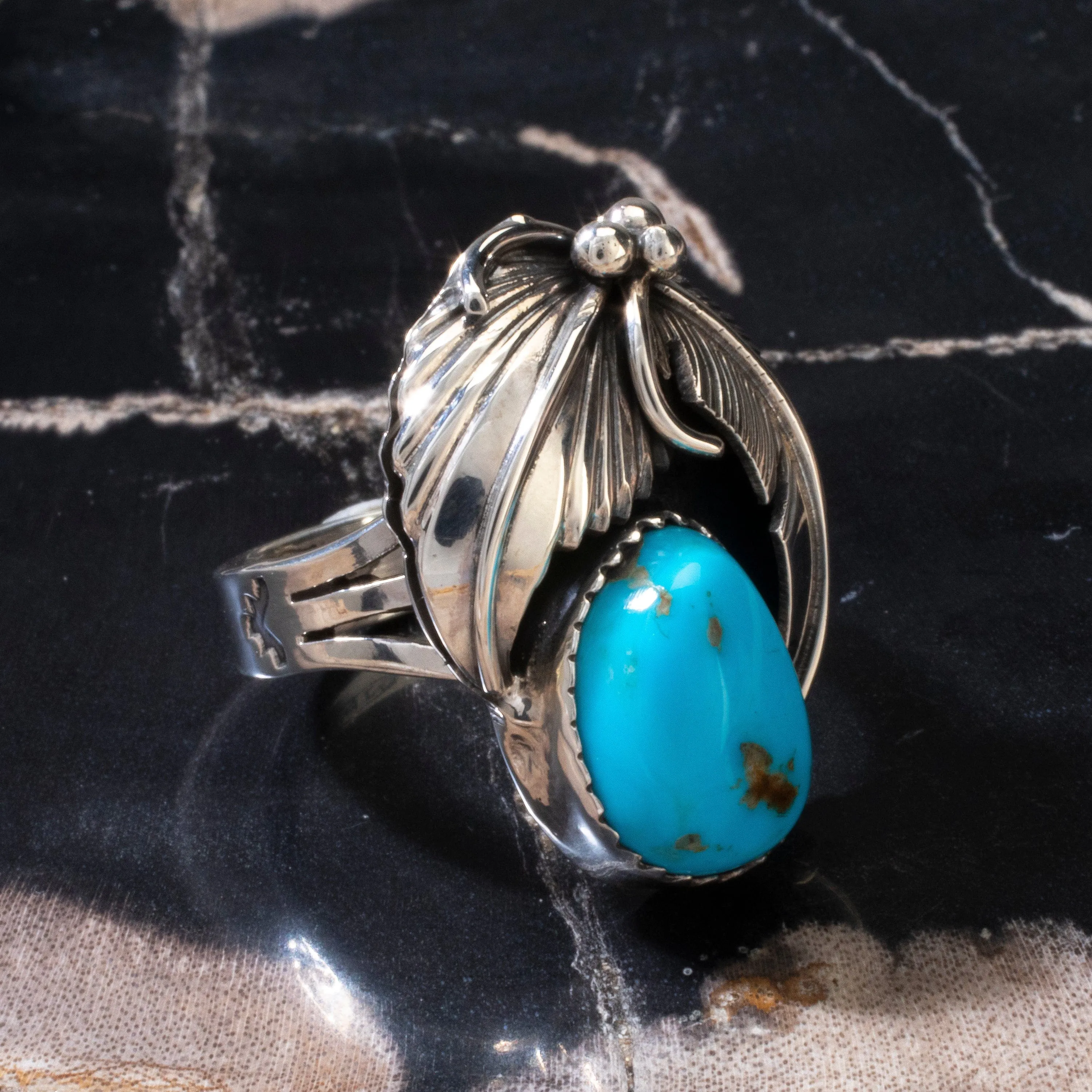 Joe Piaso Jr. Sleeping Beauty Turquoise Feather Navajo USA Native American Made 925 Sterling Silver Ring