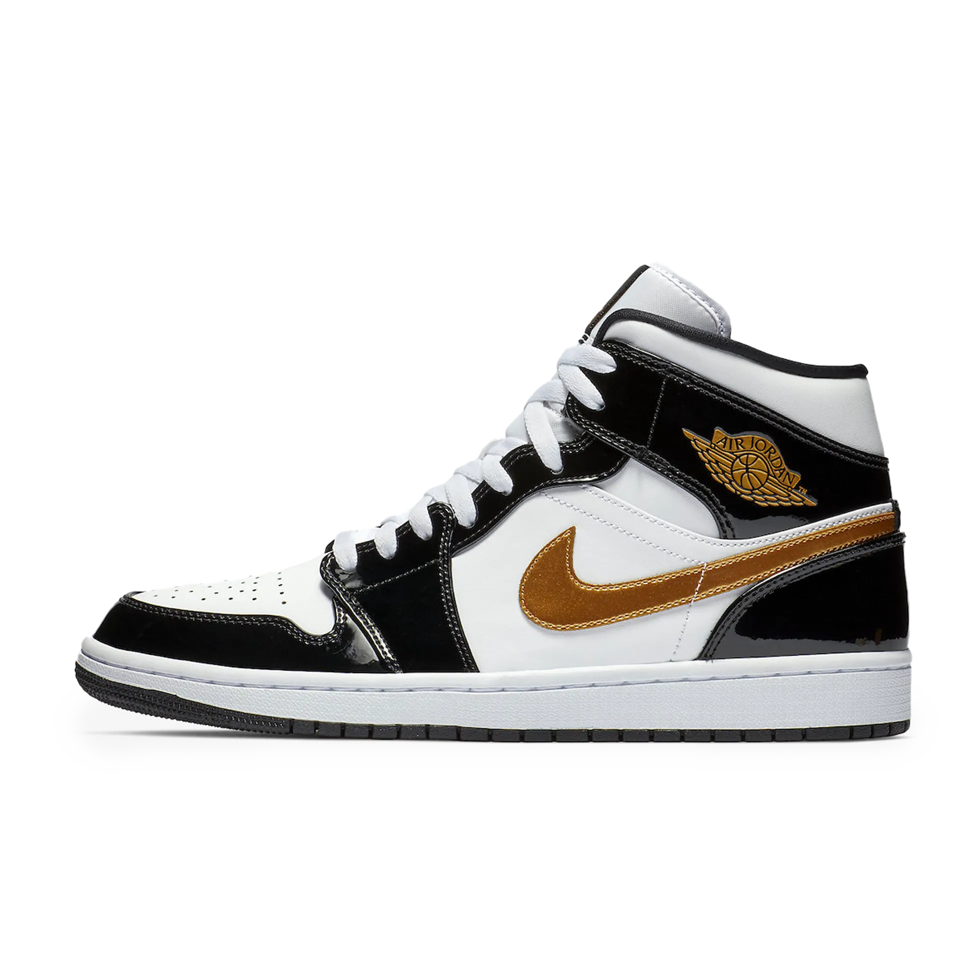 Jordan 1 Mid Patent Black White Gold