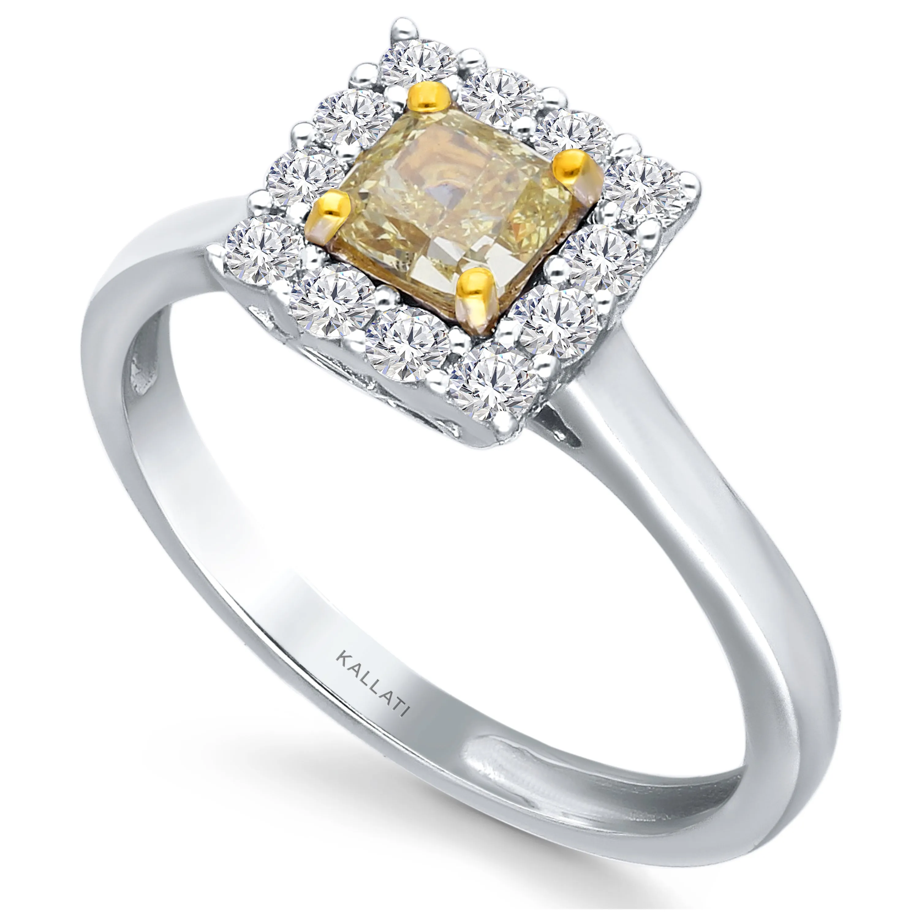 Kallati Eternal Cushion Halo Yellow Diamond Engagement Ring in 14K White Gold