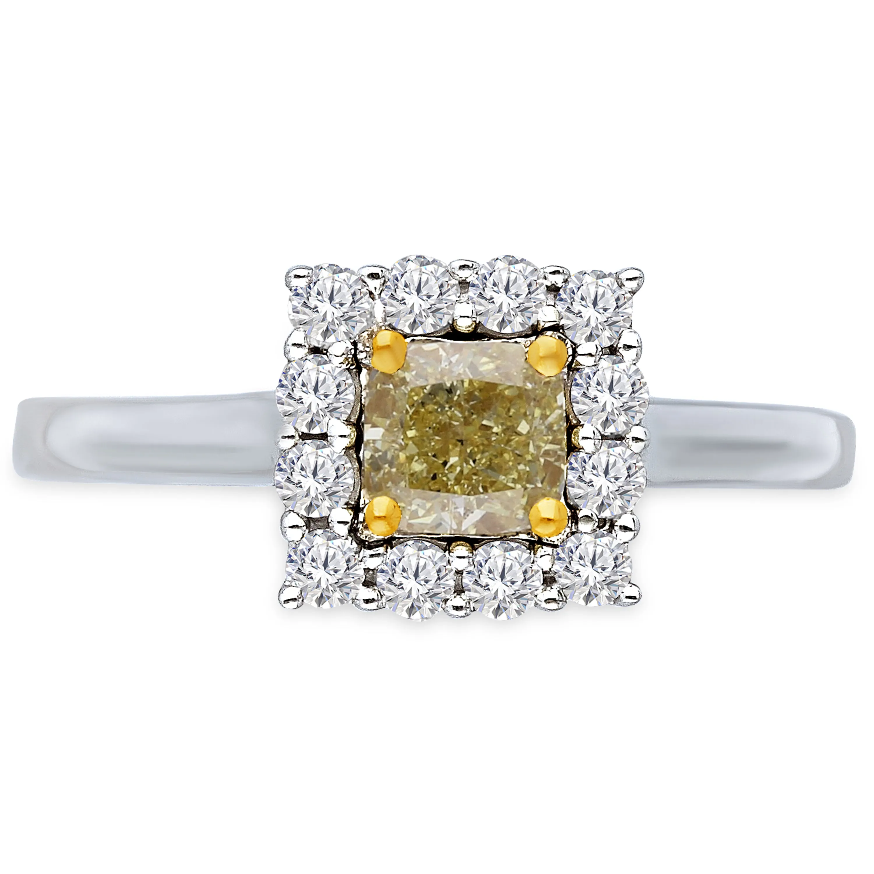 Kallati Eternal Cushion Halo Yellow Diamond Engagement Ring in 14K White Gold