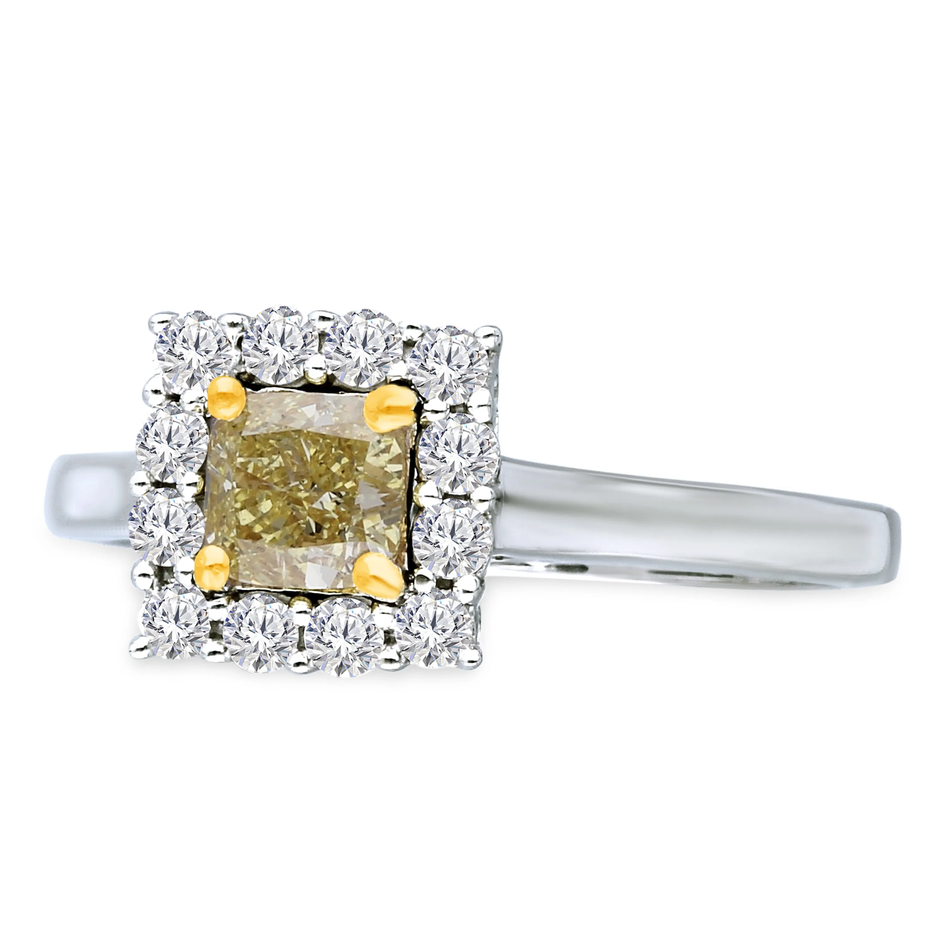 Kallati Eternal Cushion Halo Yellow Diamond Engagement Ring in 14K White Gold