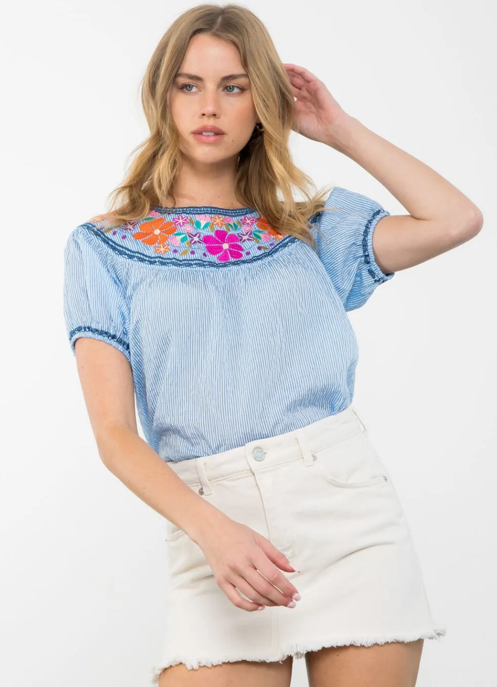 Lizzie Embroidered Puff Sleeve THML Top