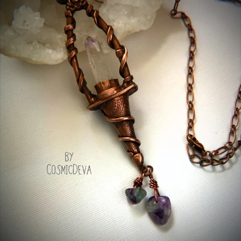 Magickal Copper Lantern Necklace With Vera Cruz Amethyst Crystal Point, Copper Necklace