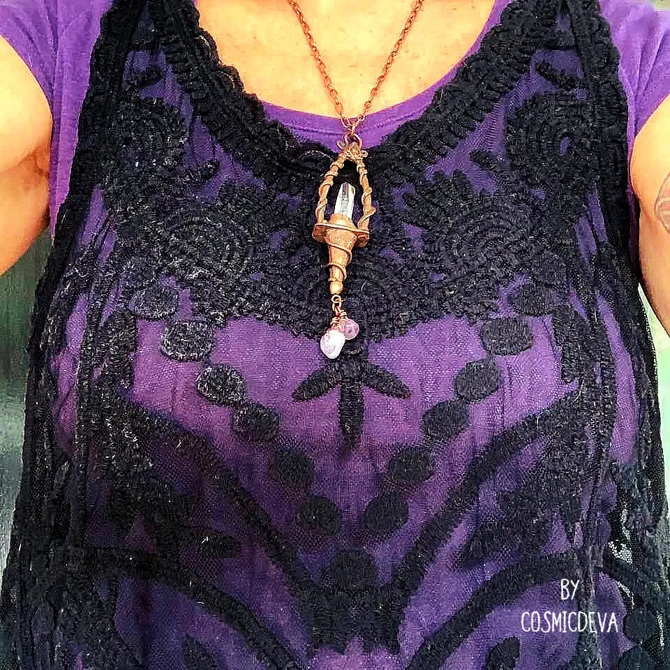 Magickal Copper Lantern Necklace With Vera Cruz Amethyst Crystal Point, Copper Necklace