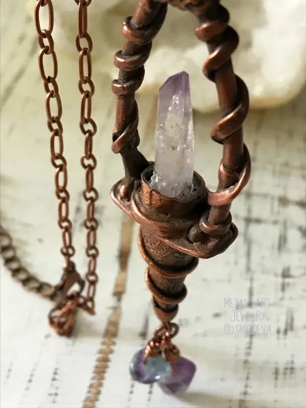 Magickal Copper Lantern Necklace With Vera Cruz Amethyst Crystal Point, Copper Necklace