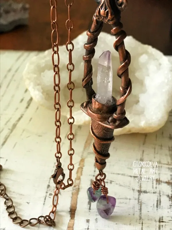 Magickal Copper Lantern Necklace With Vera Cruz Amethyst Crystal Point, Copper Necklace