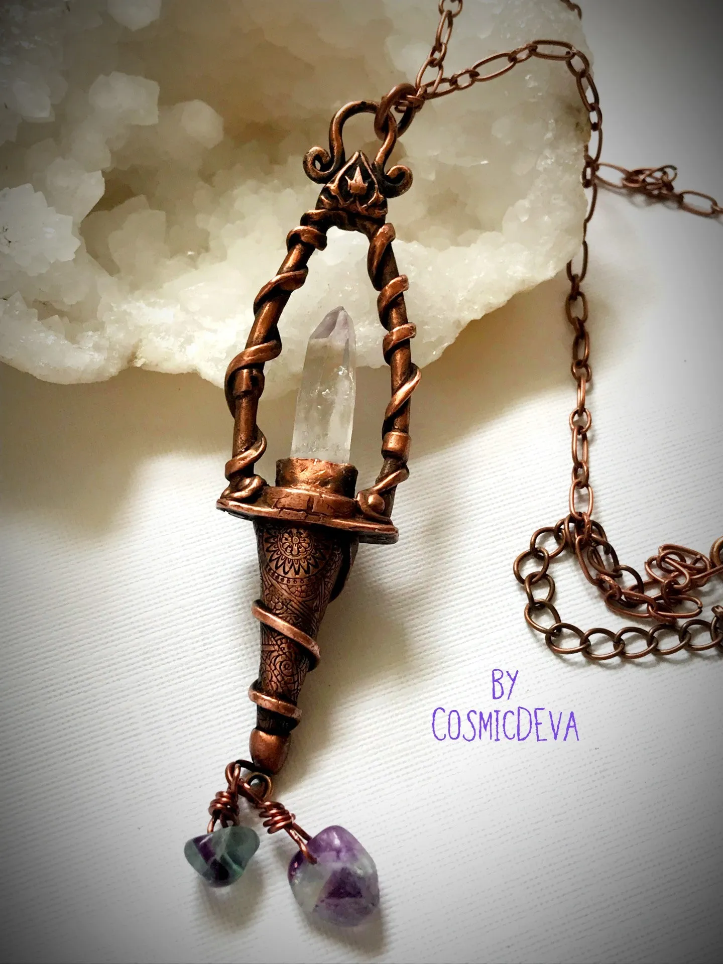 Magickal Copper Lantern Necklace With Vera Cruz Amethyst Crystal Point, Copper Necklace