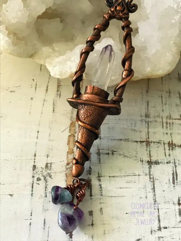 Magickal Copper Lantern Necklace With Vera Cruz Amethyst Crystal Point, Copper Necklace