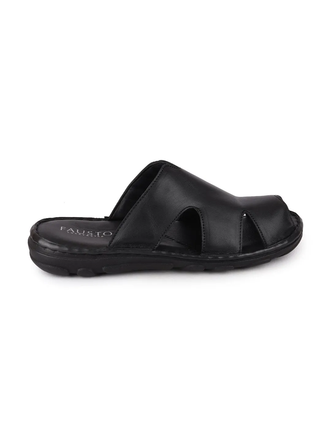 Men Black Casual Leather Slip-On Slippers