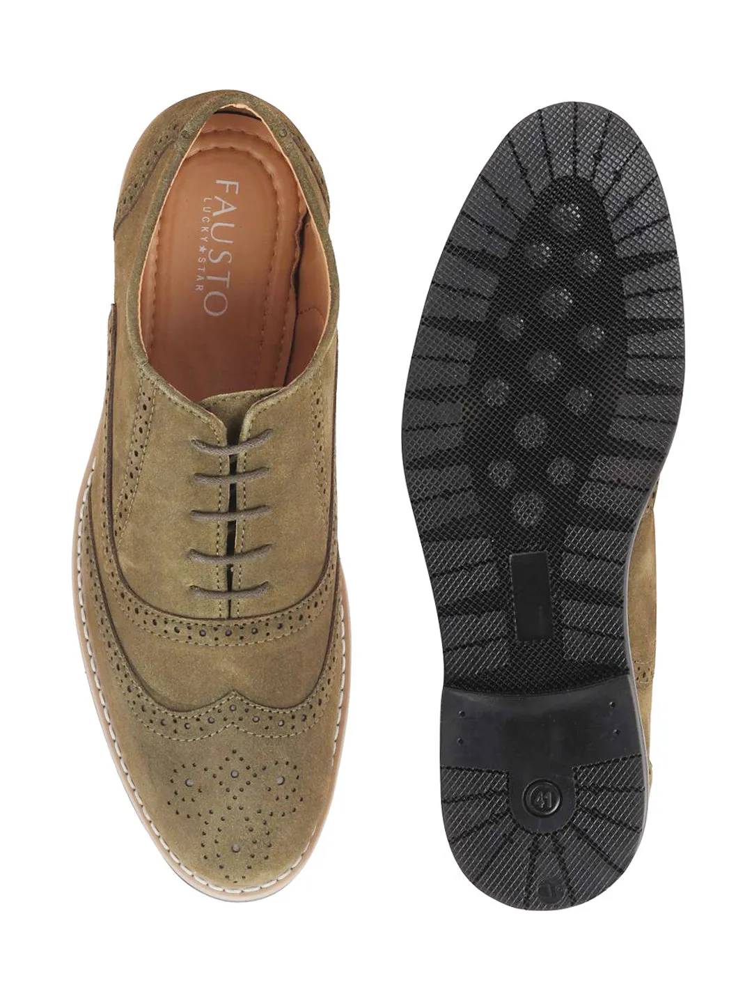 Men Olive Suede Leather Brogue Shoes with TPR Welted Sole