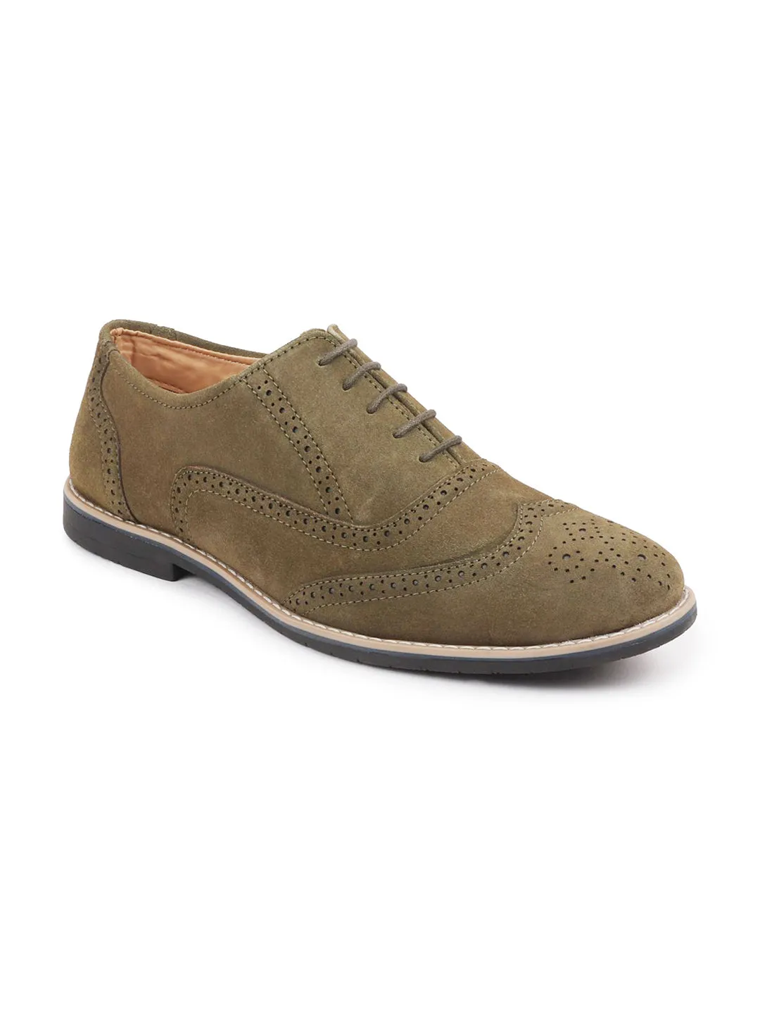 Men Olive Suede Leather Brogue Shoes with TPR Welted Sole