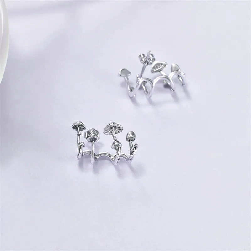 Mushroom Sterling Silver Stud Cuff Hypoallergenic Hoop Earrings for Women Teen Girls Christmas Gifts