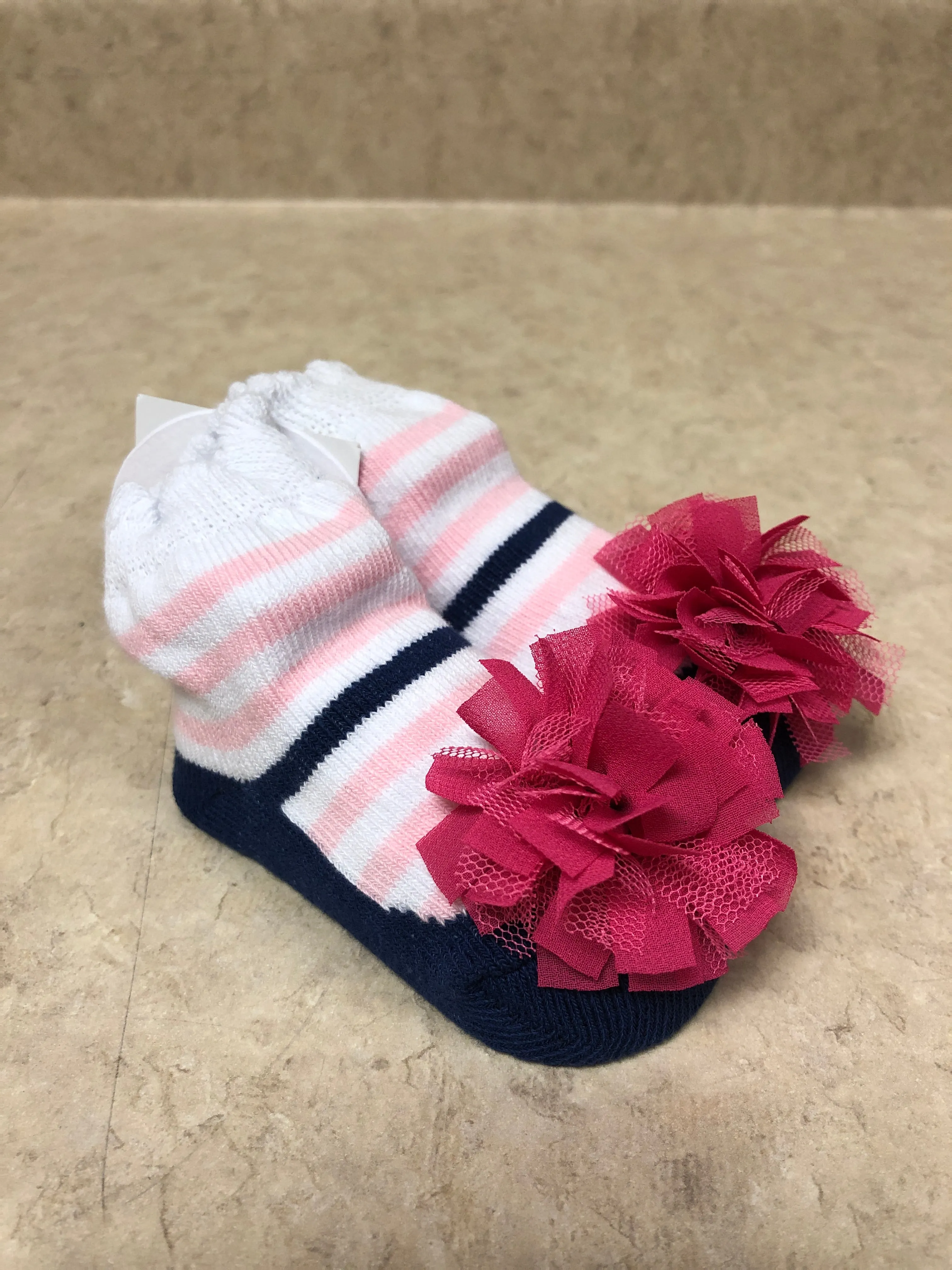 Navy and Pink Stripe Socks - 0 - 12 Months