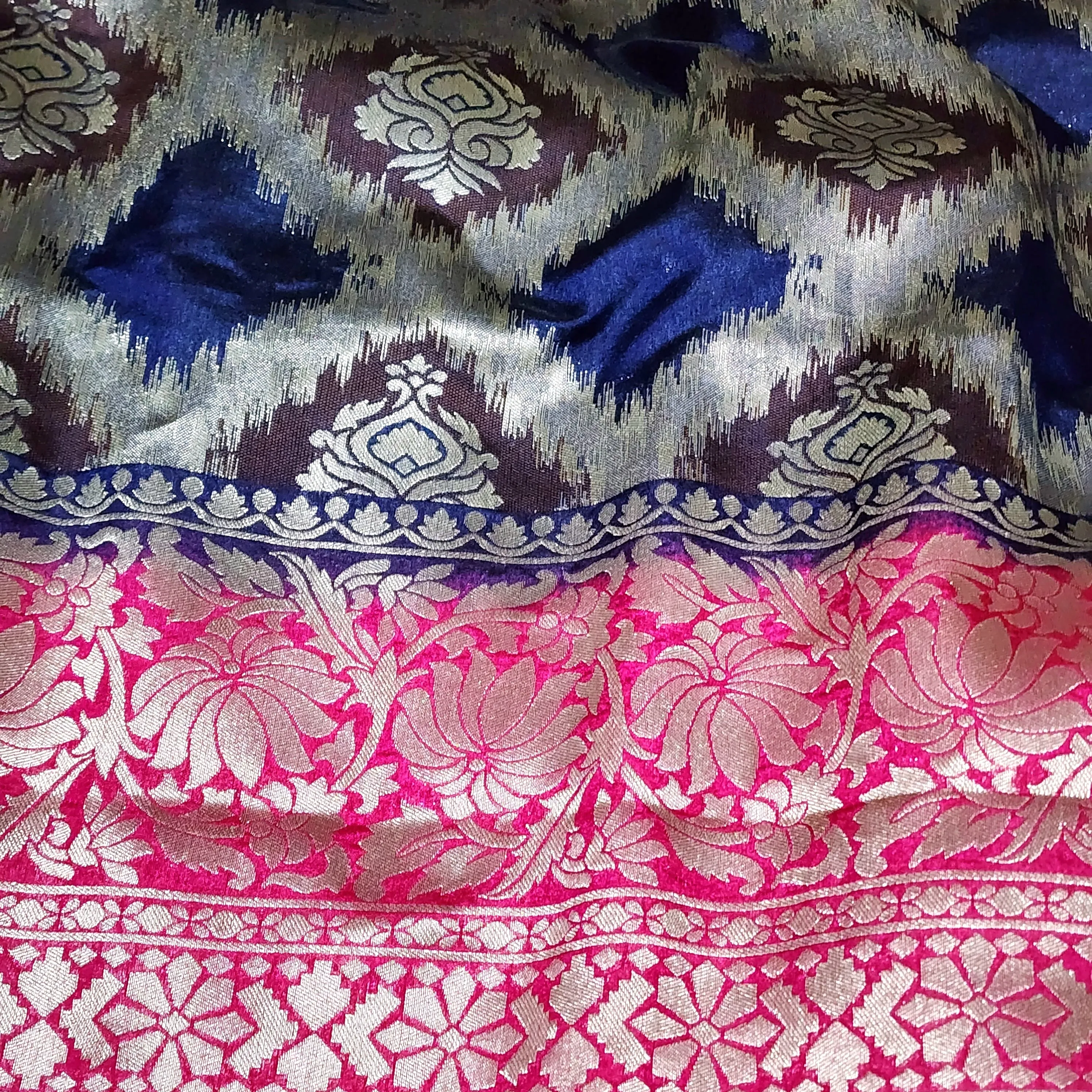 Navy Blue & Pink Banarasi Jute silk saree with stitched blouse