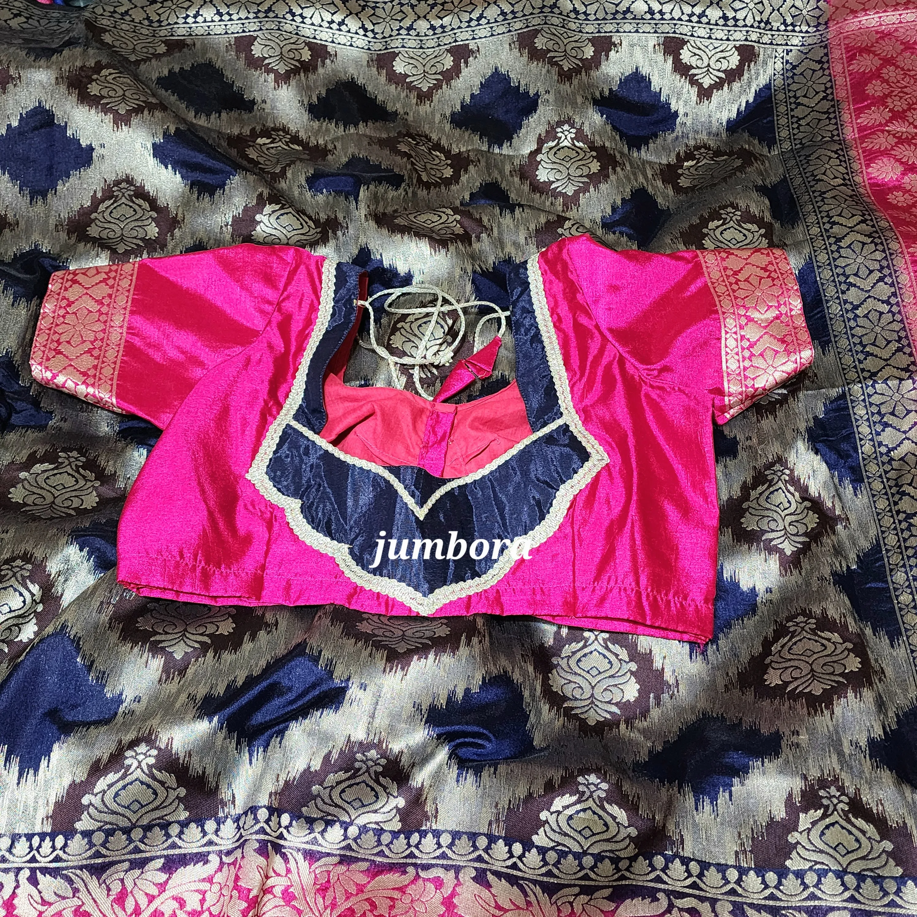 Navy Blue & Pink Banarasi Jute silk saree with stitched blouse