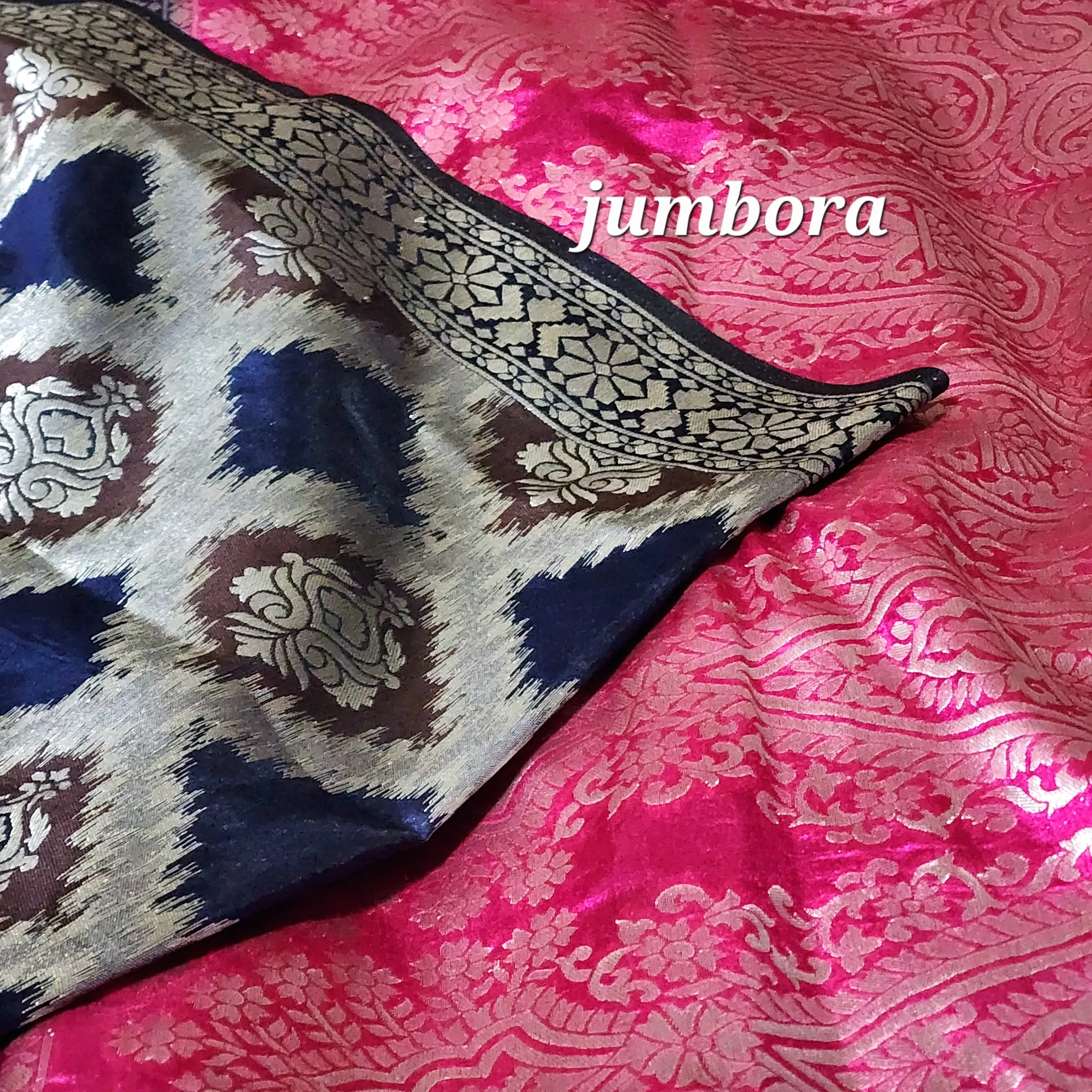 Navy Blue & Pink Banarasi Jute silk saree with stitched blouse