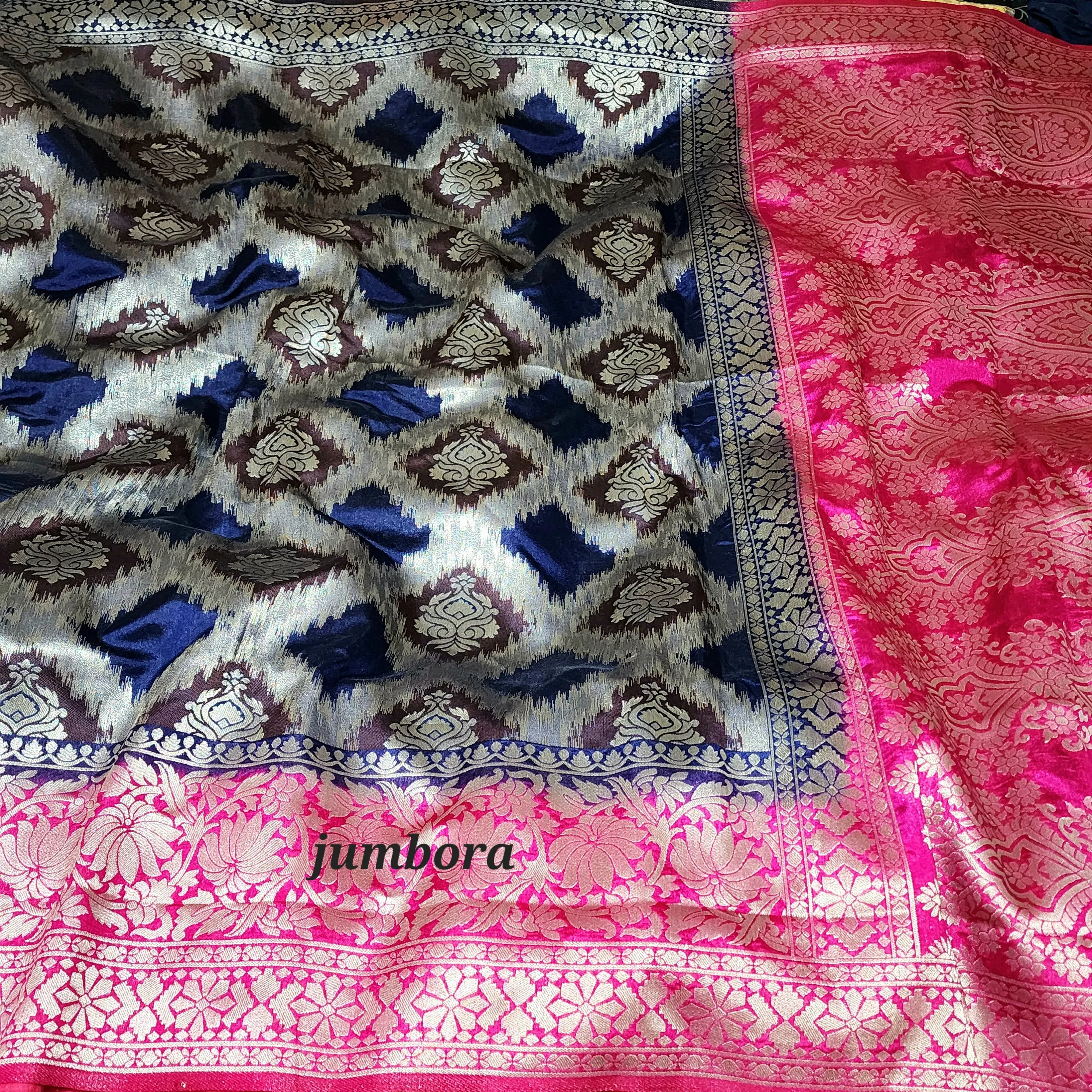 Navy Blue & Pink Banarasi Jute silk saree with stitched blouse