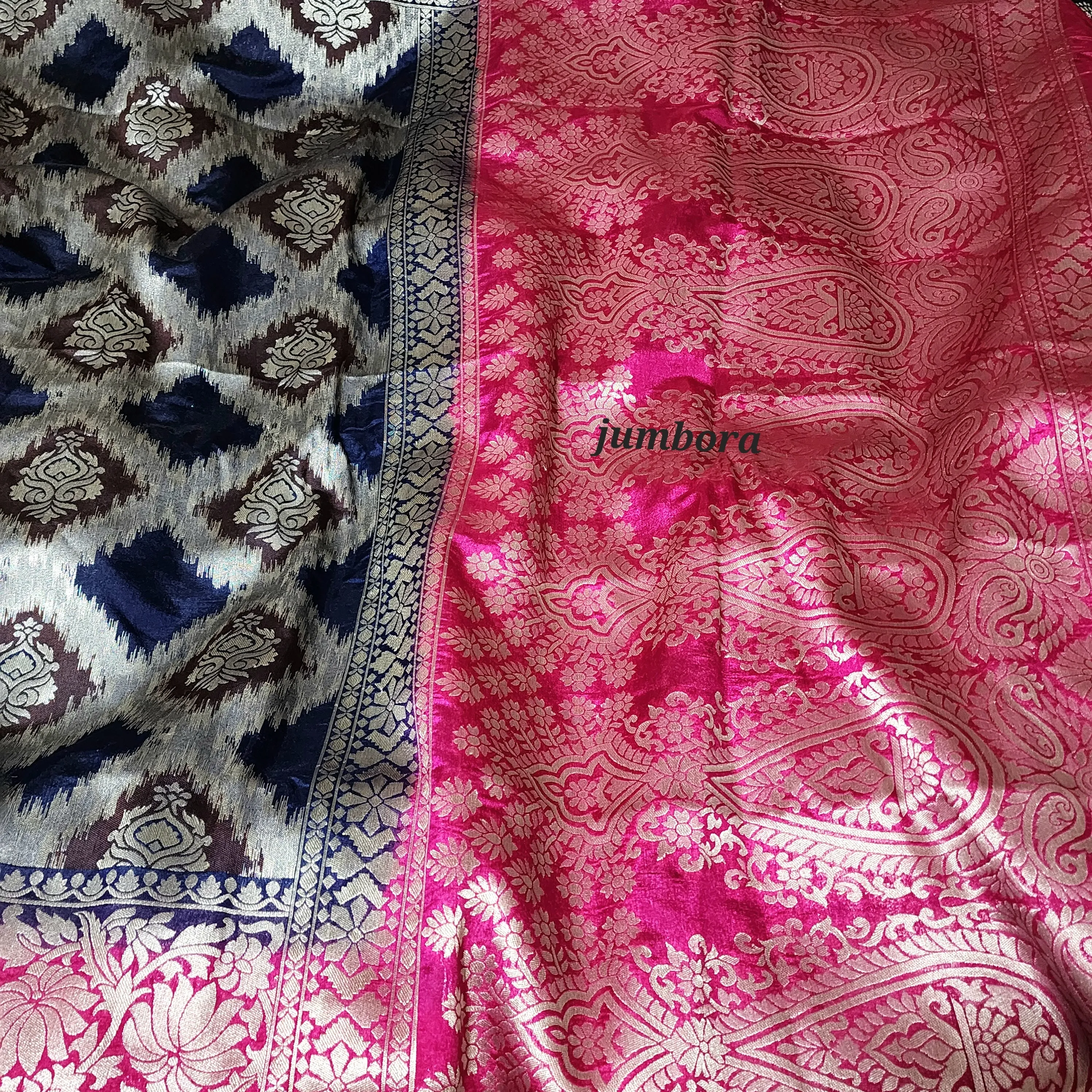 Navy Blue & Pink Banarasi Jute silk saree with stitched blouse