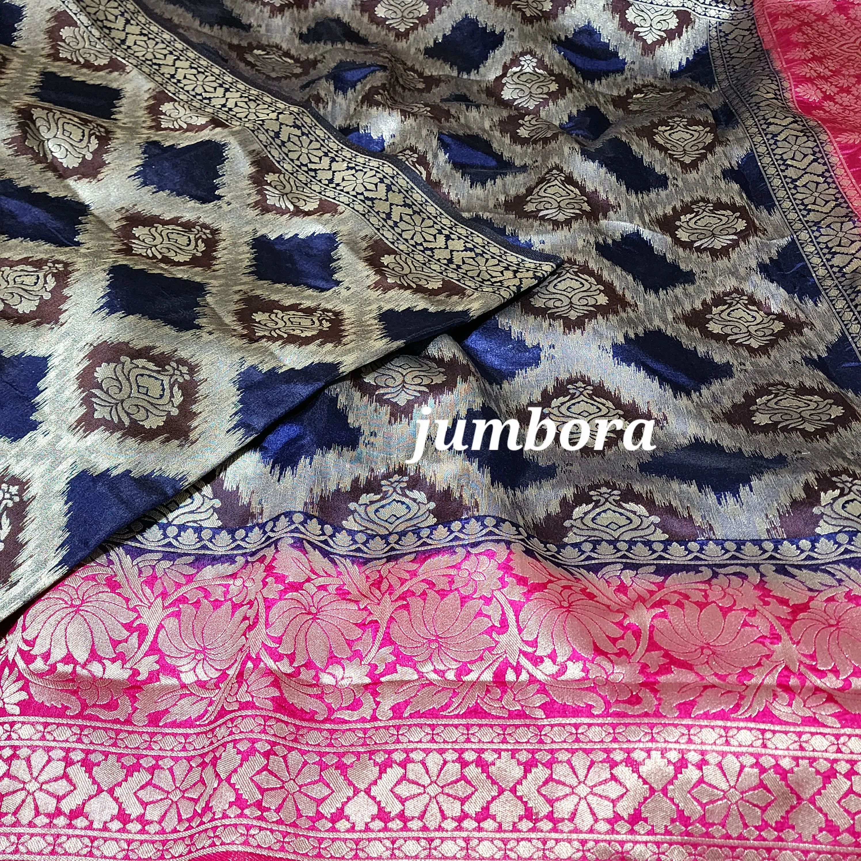 Navy Blue & Pink Banarasi Jute silk saree with stitched blouse