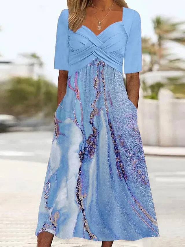 Ombre Marble Print V Neck Midi Dress with Pockets for Women