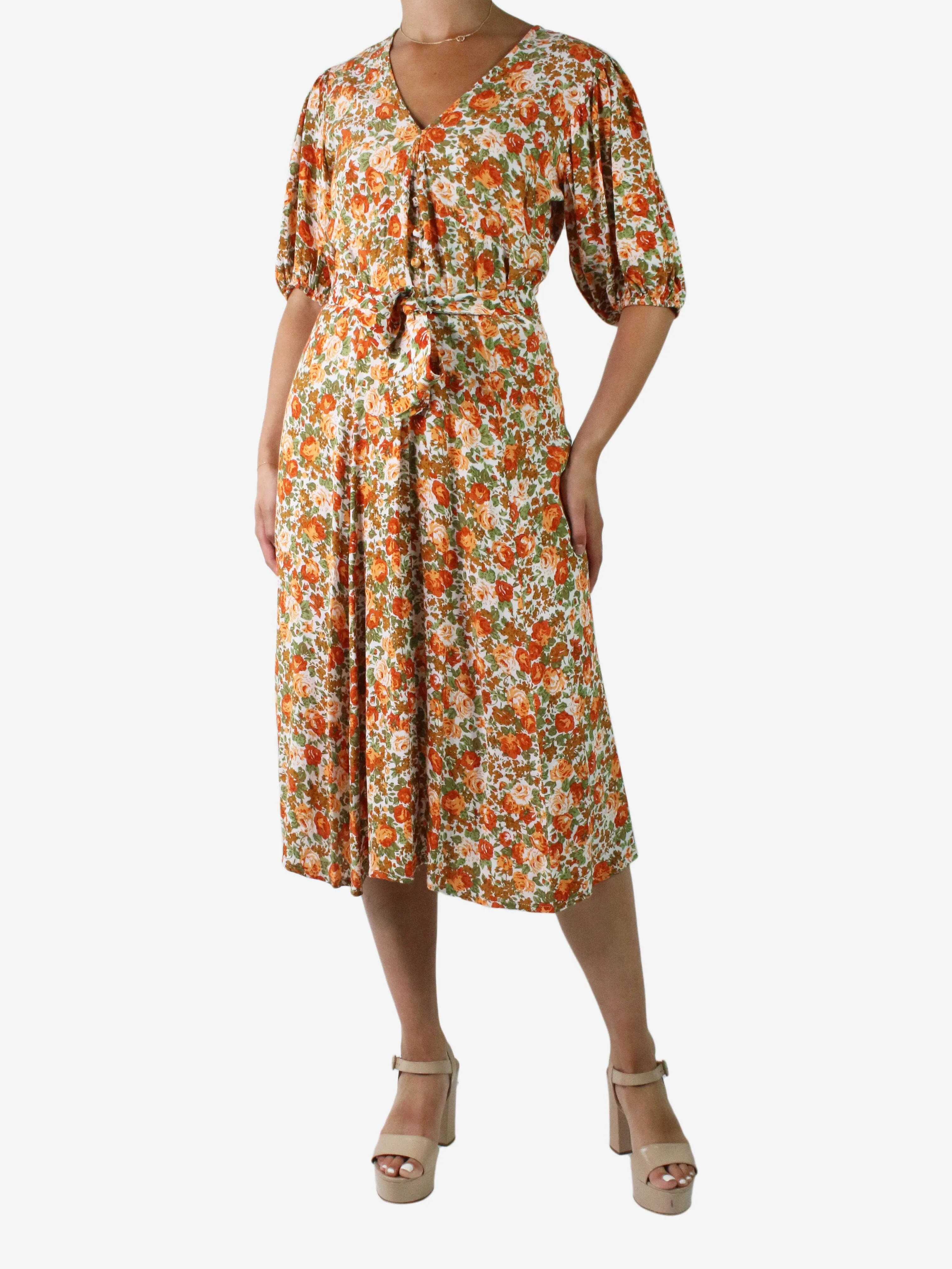 Orange floral printed midi dress - size US 8