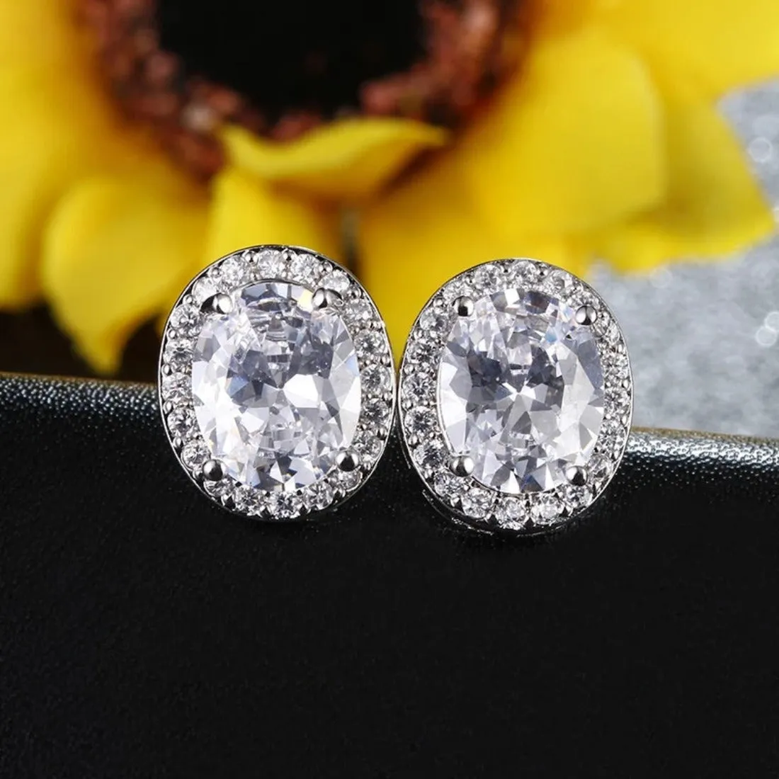 Oval CZ Crystal Zircon Solitaire Stud Earring