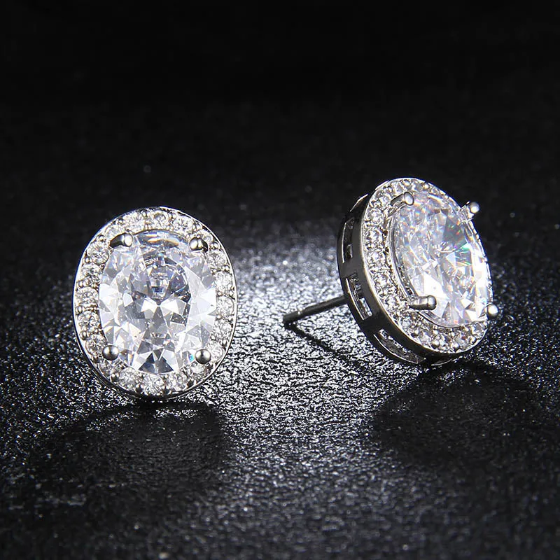 Oval CZ Crystal Zircon Solitaire Stud Earring