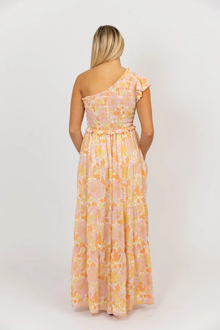 Pastel Floral One Shoulder Maxi Dress