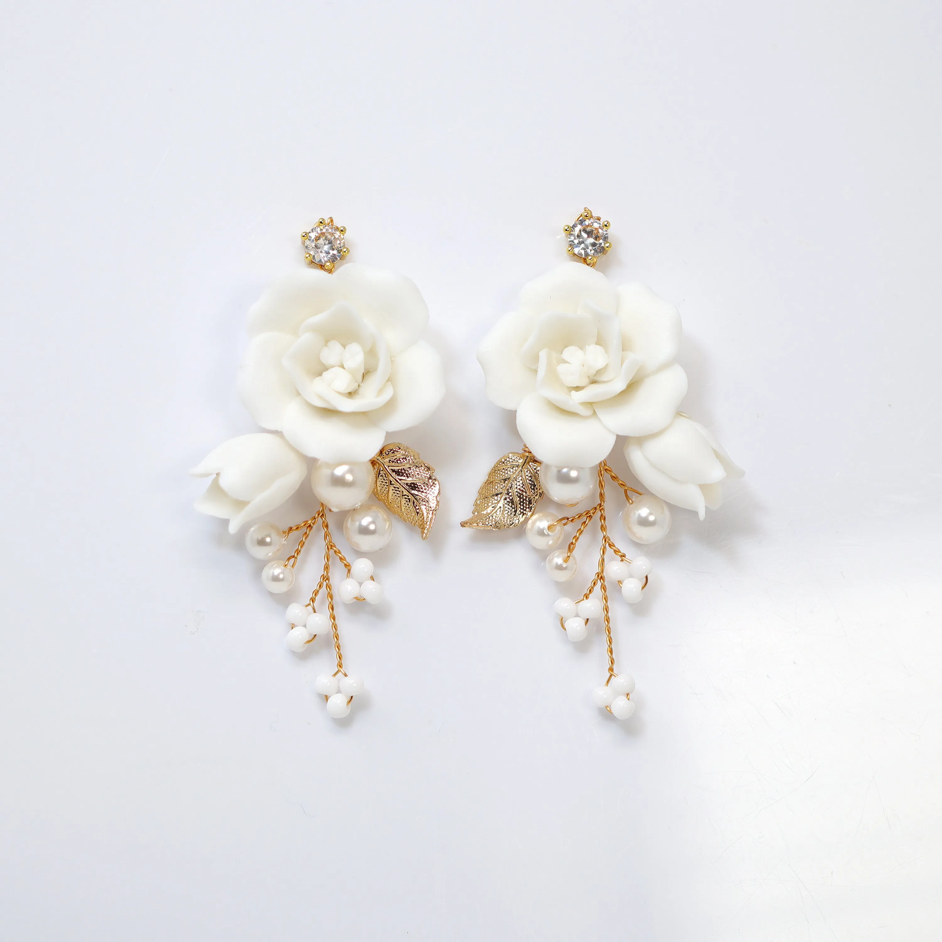 Pearl Dusted White Rose And Lily Blossom Earring , Bridal Ceramic Rose Earring, Bridal Hair Accessories, Wedding Earring.