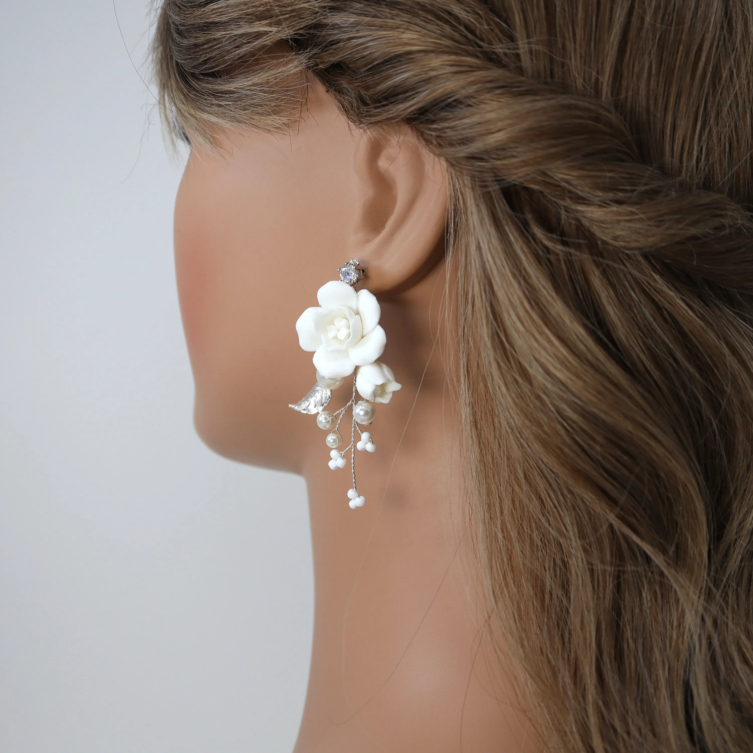 Pearl Dusted White Rose And Lily Blossom Earring , Bridal Ceramic Rose Earring, Bridal Hair Accessories, Wedding Earring.