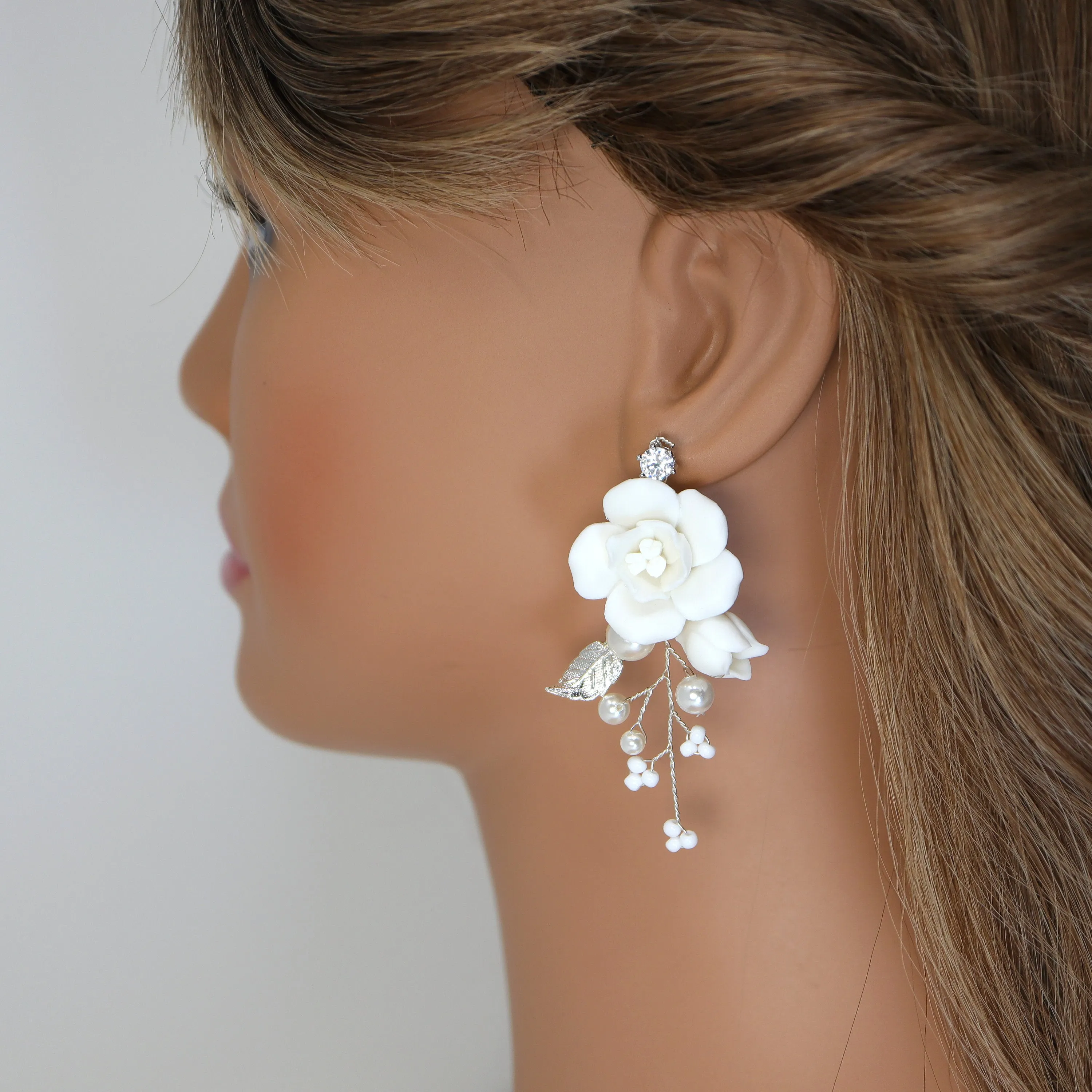 Pearl Dusted White Rose And Lily Blossom Earring , Bridal Ceramic Rose Earring, Bridal Hair Accessories, Wedding Earring.